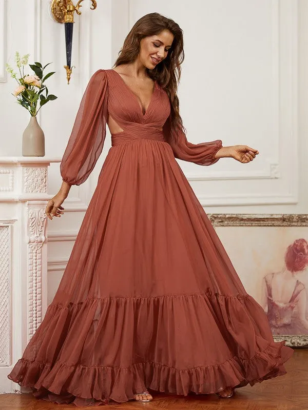 A-Line/Princess 30D Chiffon Ruffles V-neck Long Sleeves Sweep/Brush Train Dresses