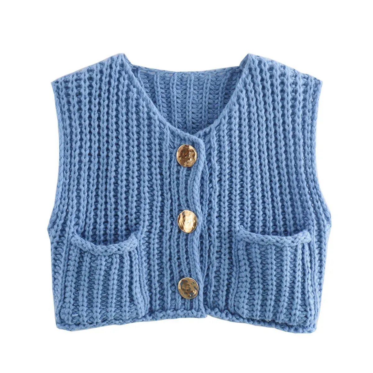 Black Friday Sonicelife Fashion Sleeveless Knitted Cardigan Vests For Women Autumn New Short Sweater Button With Pockets Solid Color Knitted Top
