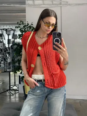 Black Friday Sonicelife Fashion Sleeveless Knitted Cardigan Vests For Women Autumn New Short Sweater Button With Pockets Solid Color Knitted Top