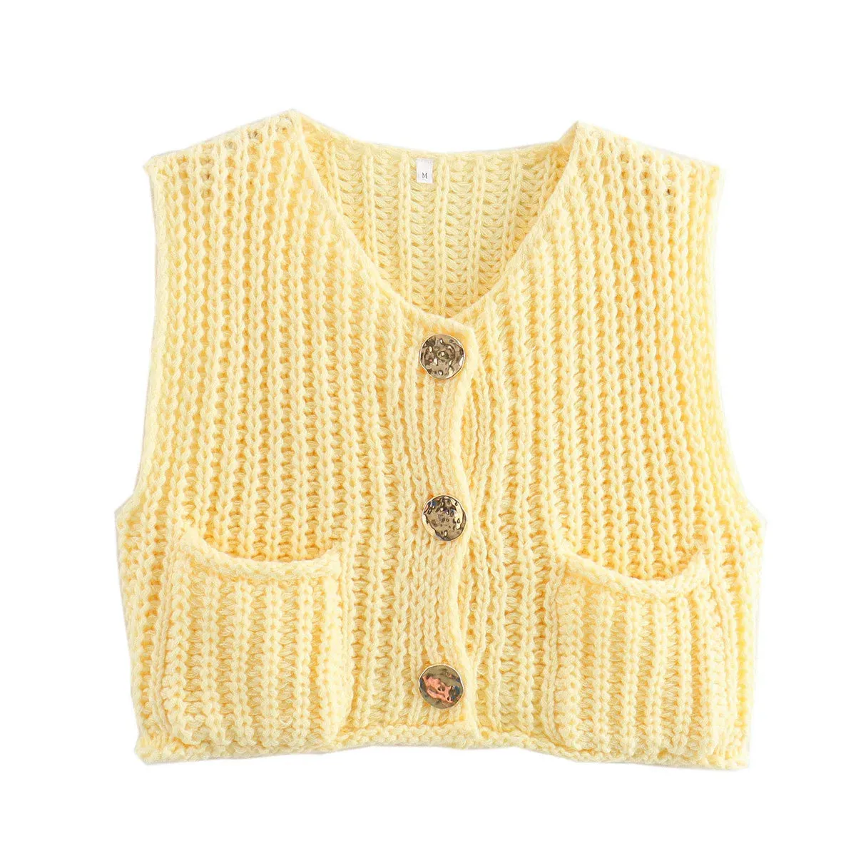 Black Friday Sonicelife Fashion Sleeveless Knitted Cardigan Vests For Women Autumn New Short Sweater Button With Pockets Solid Color Knitted Top