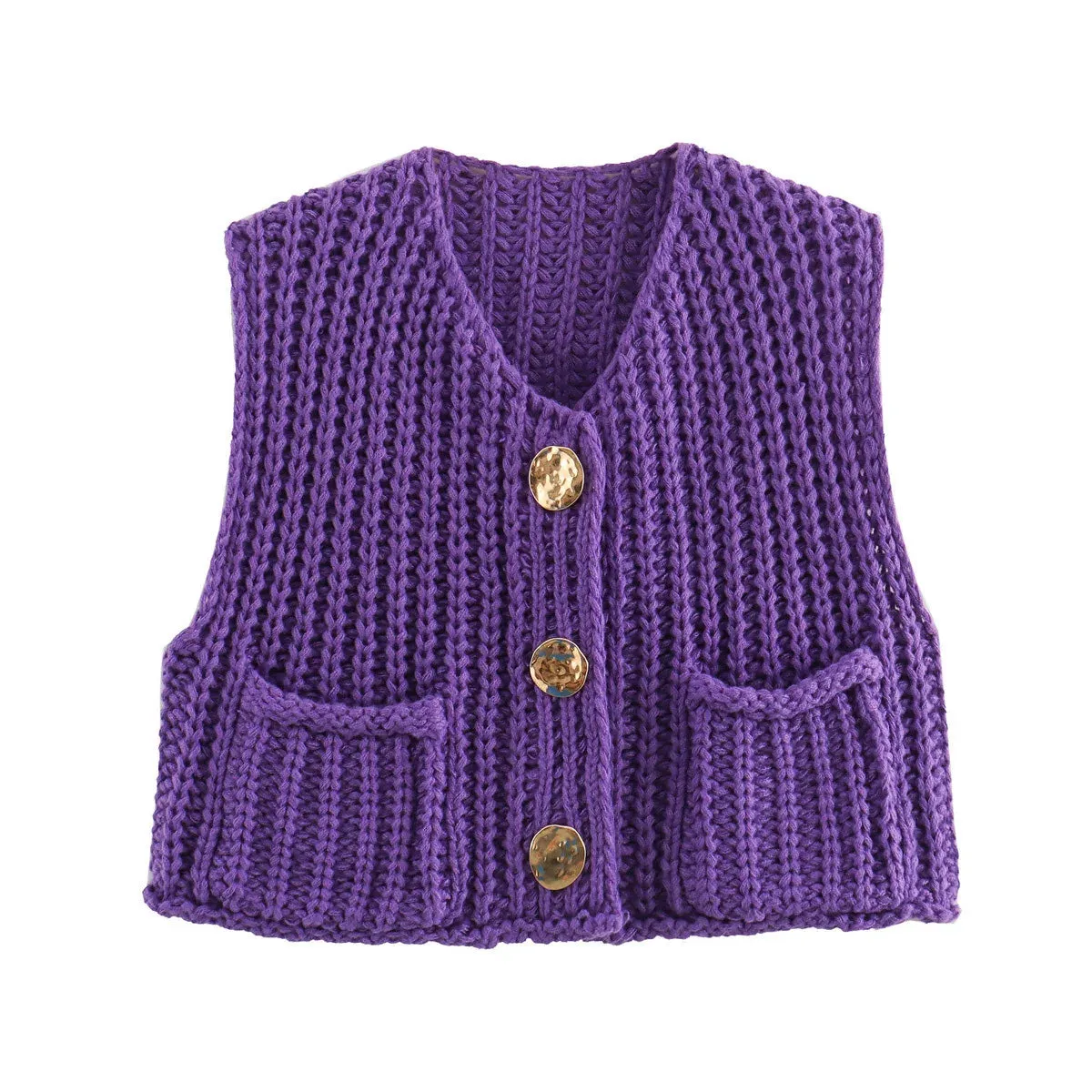Black Friday Sonicelife Fashion Sleeveless Knitted Cardigan Vests For Women Autumn New Short Sweater Button With Pockets Solid Color Knitted Top