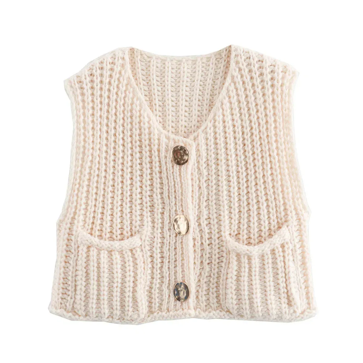 Black Friday Sonicelife Fashion Sleeveless Knitted Cardigan Vests For Women Autumn New Short Sweater Button With Pockets Solid Color Knitted Top