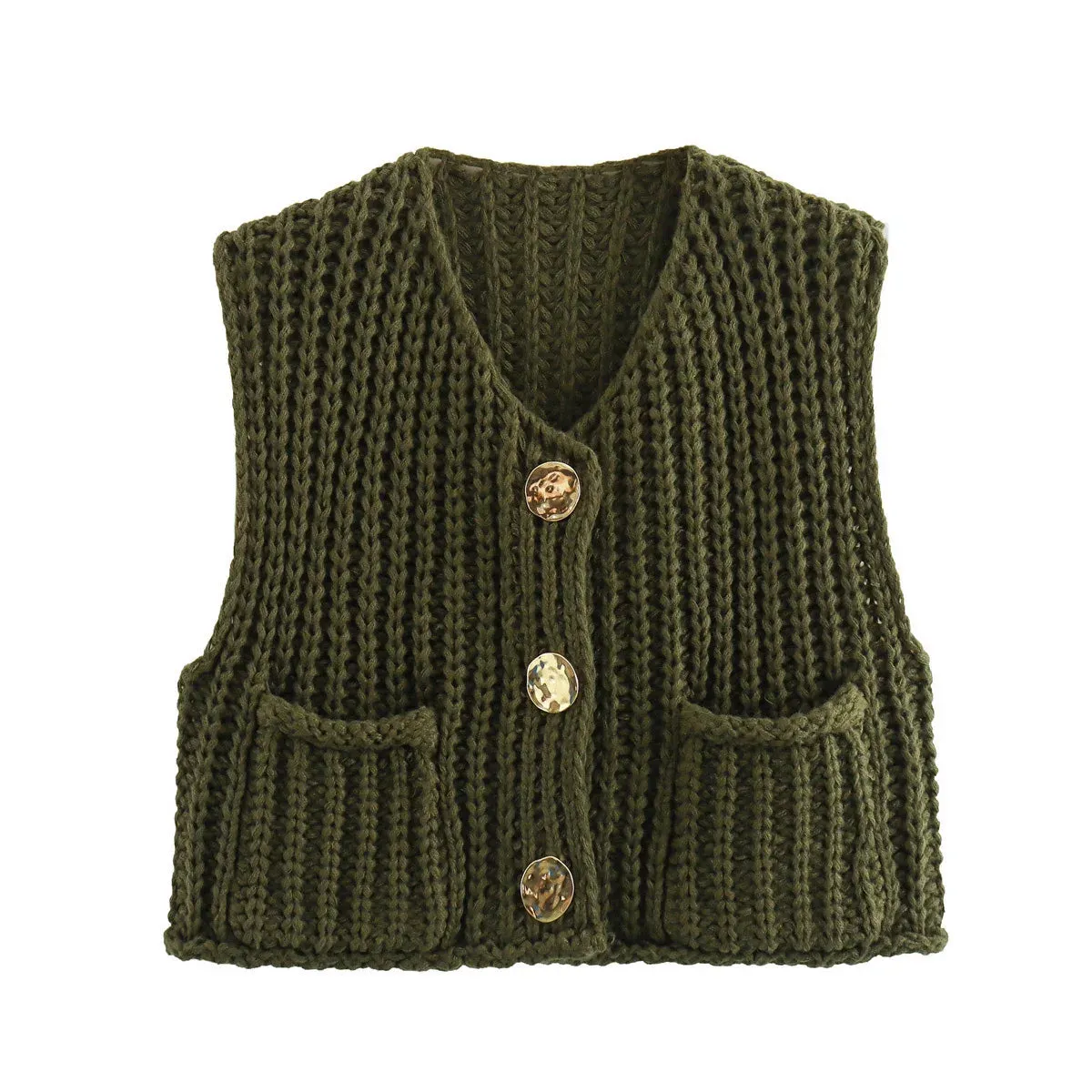 Black Friday Sonicelife Fashion Sleeveless Knitted Cardigan Vests For Women Autumn New Short Sweater Button With Pockets Solid Color Knitted Top