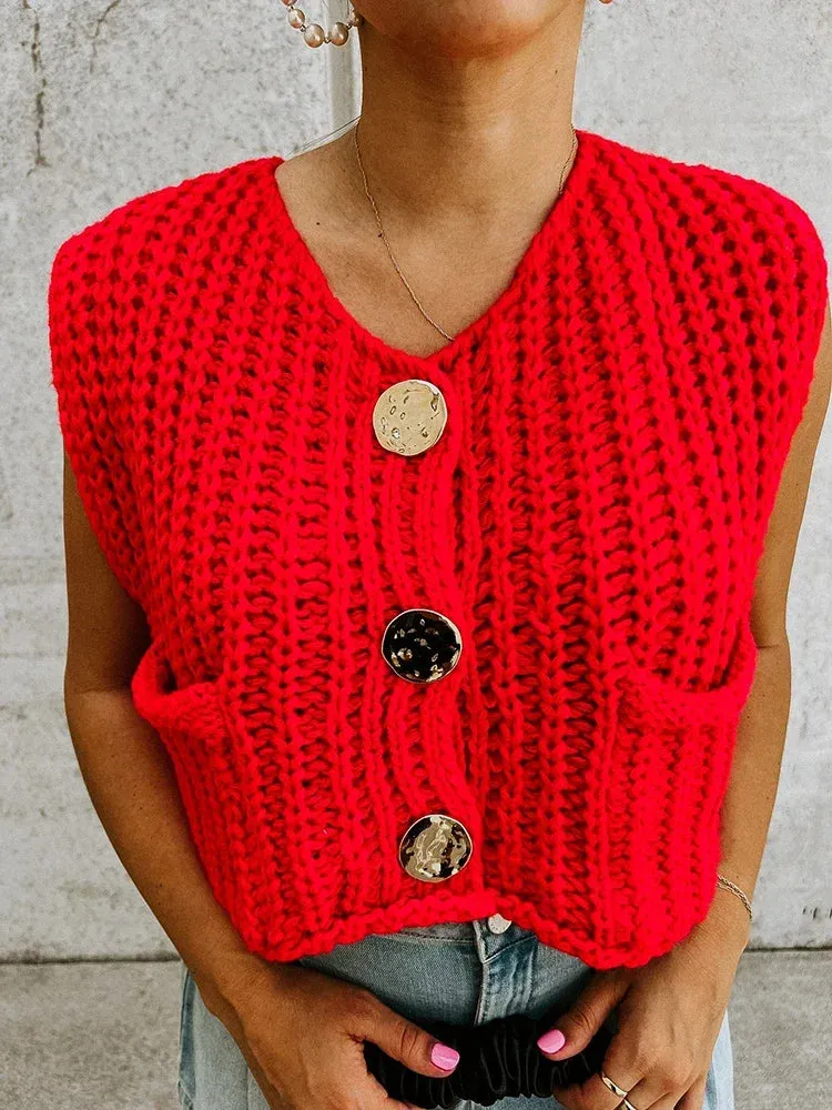 Black Friday Sonicelife Fashion Sleeveless Knitted Cardigan Vests For Women Autumn New Short Sweater Button With Pockets Solid Color Knitted Top