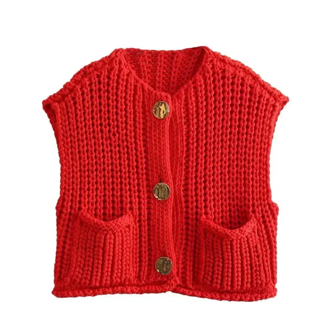 Black Friday Sonicelife Fashion Sleeveless Knitted Cardigan Vests For Women Autumn New Short Sweater Button With Pockets Solid Color Knitted Top