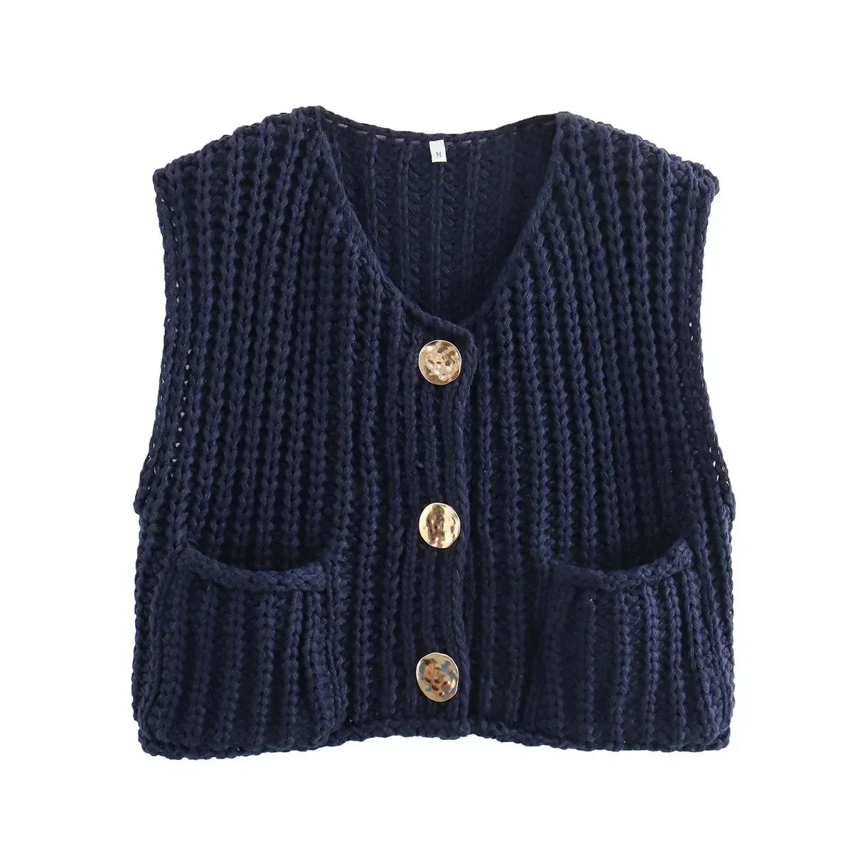 Black Friday Sonicelife Fashion Sleeveless Knitted Cardigan Vests For Women Autumn New Short Sweater Button With Pockets Solid Color Knitted Top