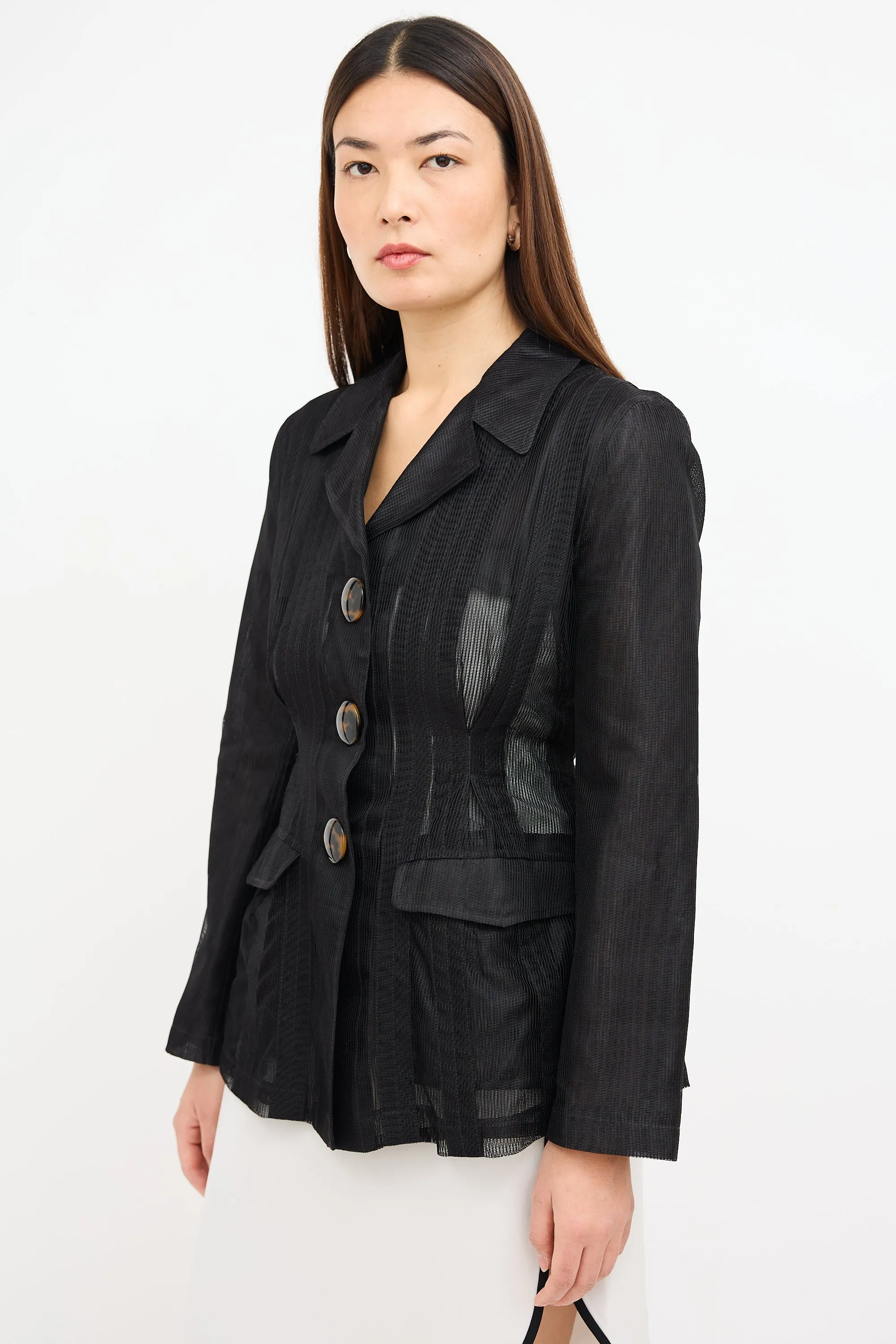 Black Textured Grid Mesh  Blazer