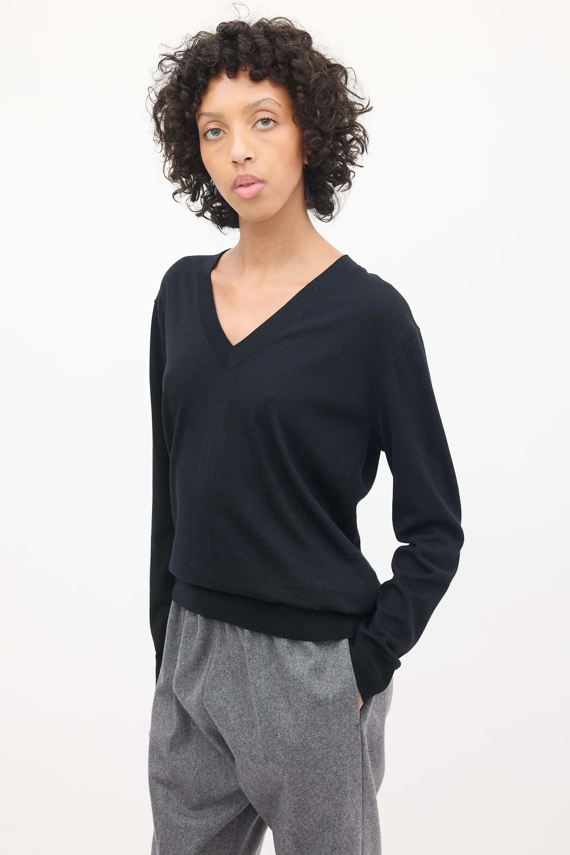 Black Wool V-Neck Sweater