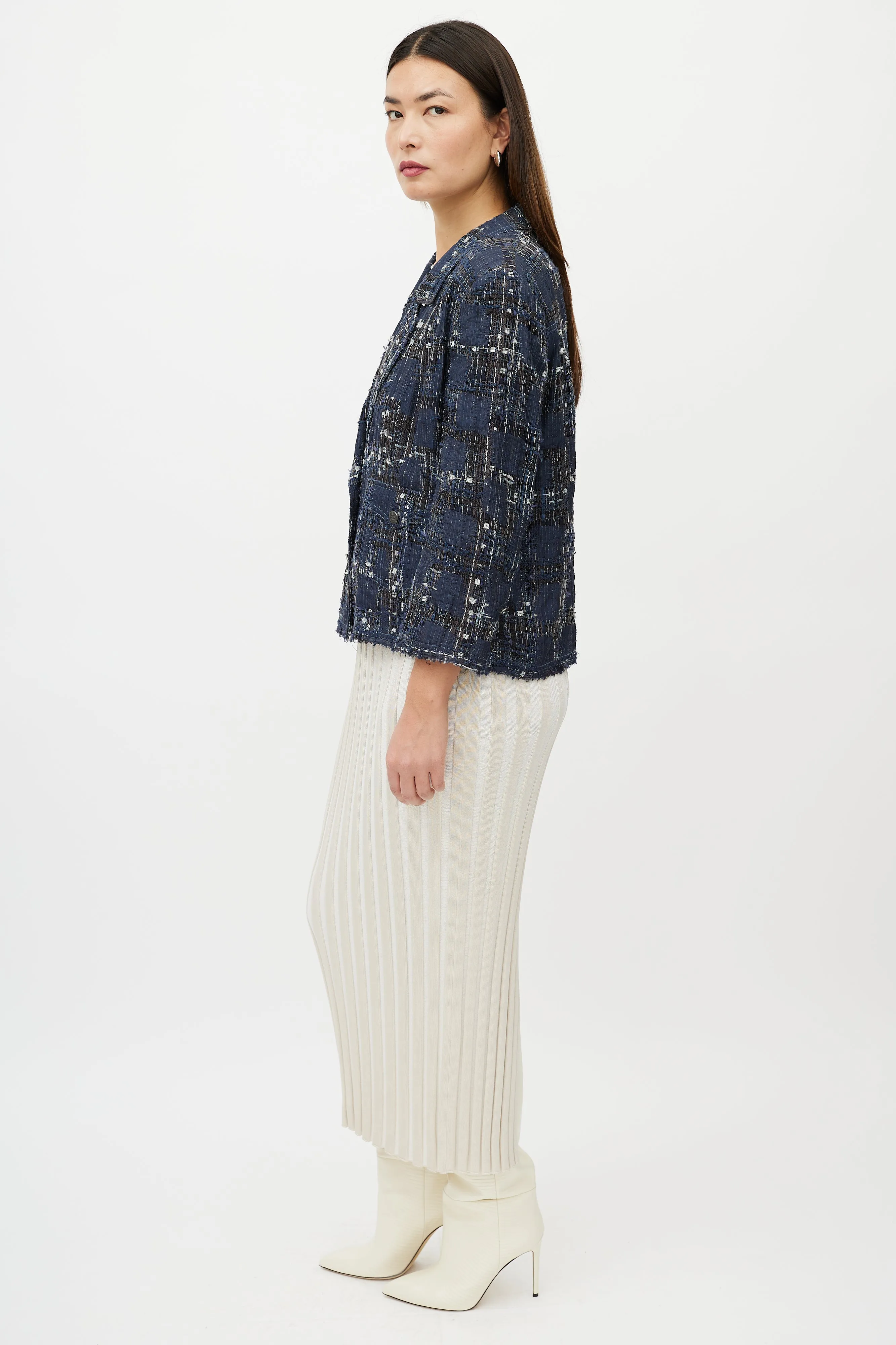 Blue & White Textured Silk Blend Blazer
