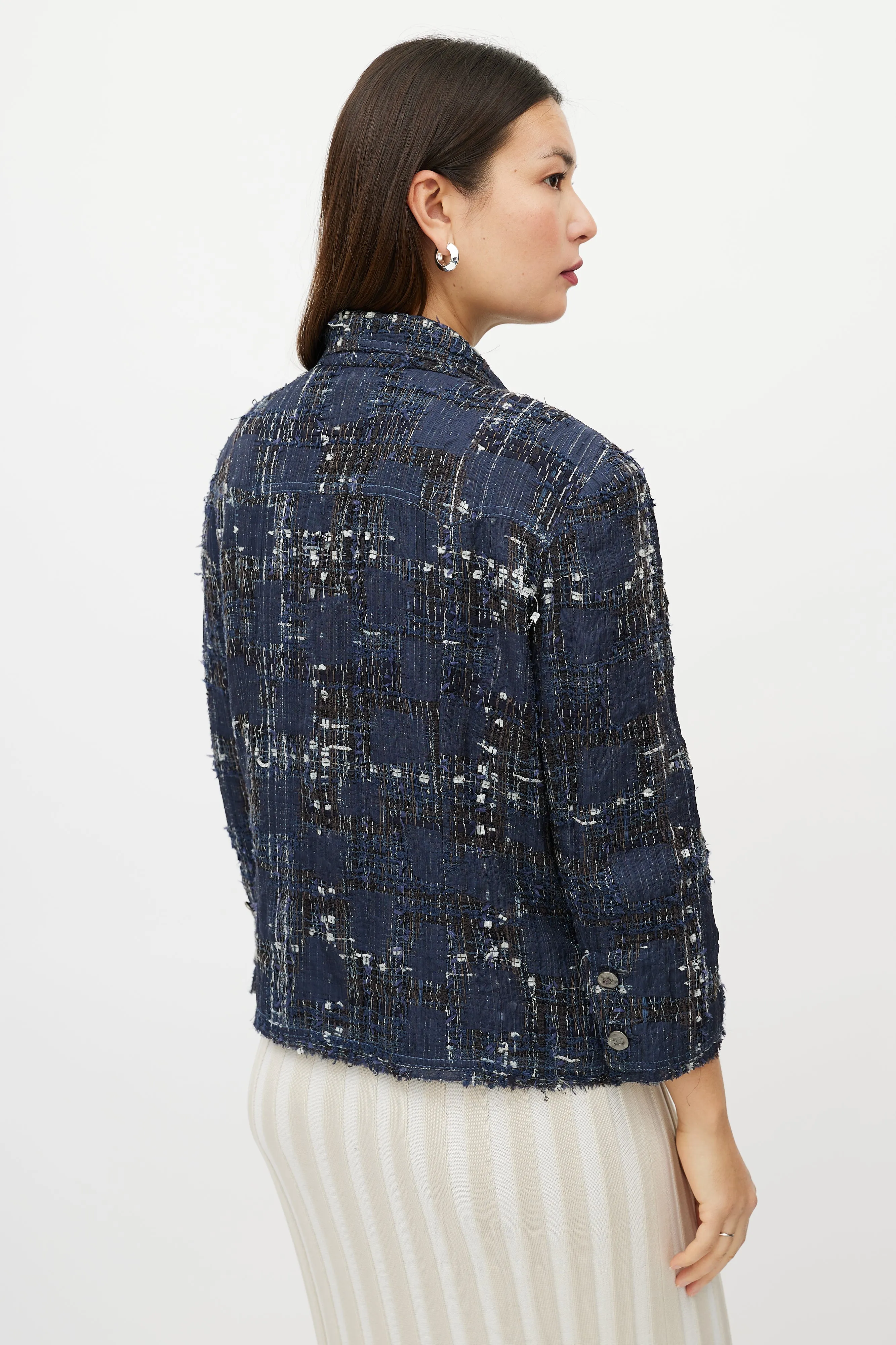 Blue & White Textured Silk Blend Blazer