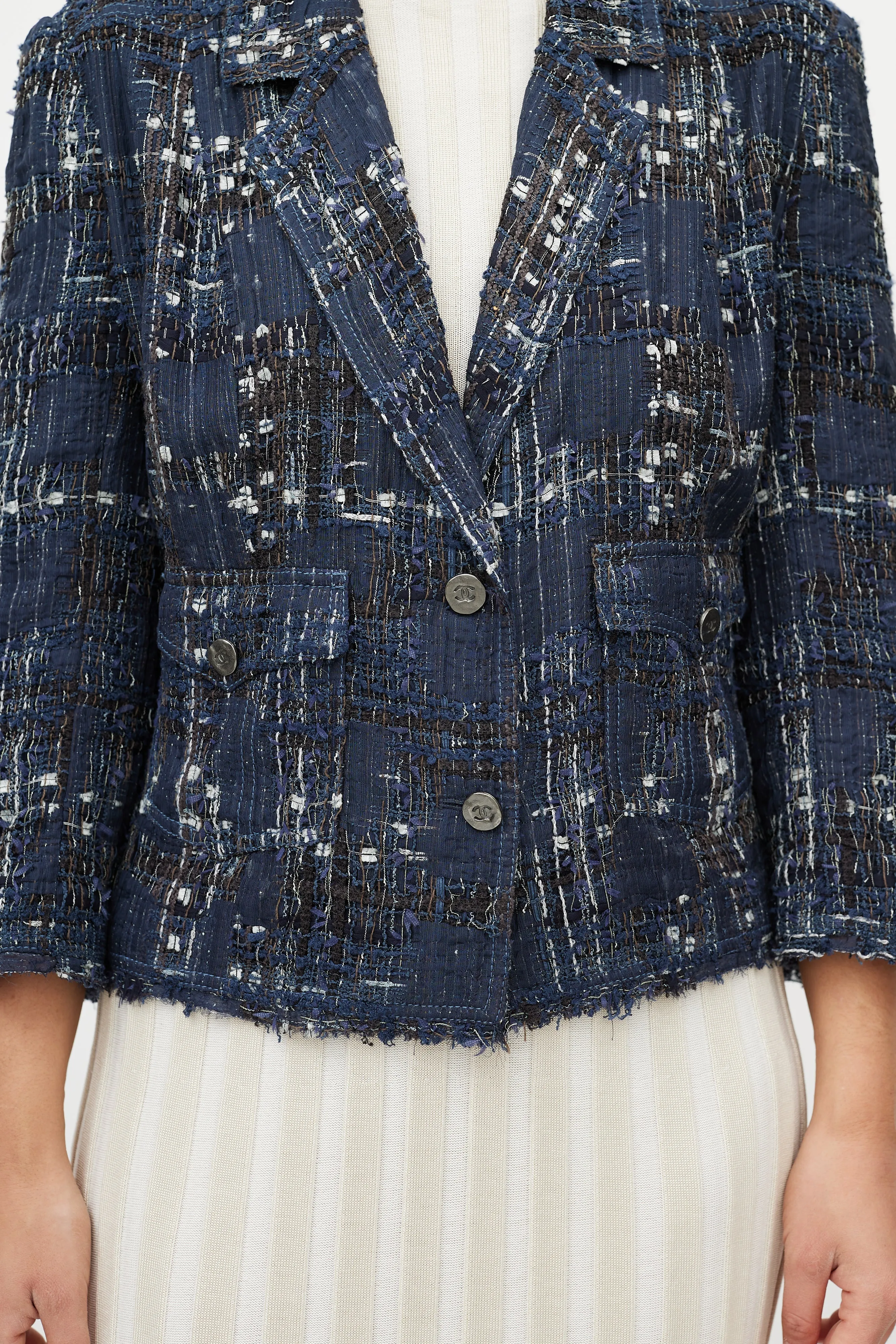 Blue & White Textured Silk Blend Blazer