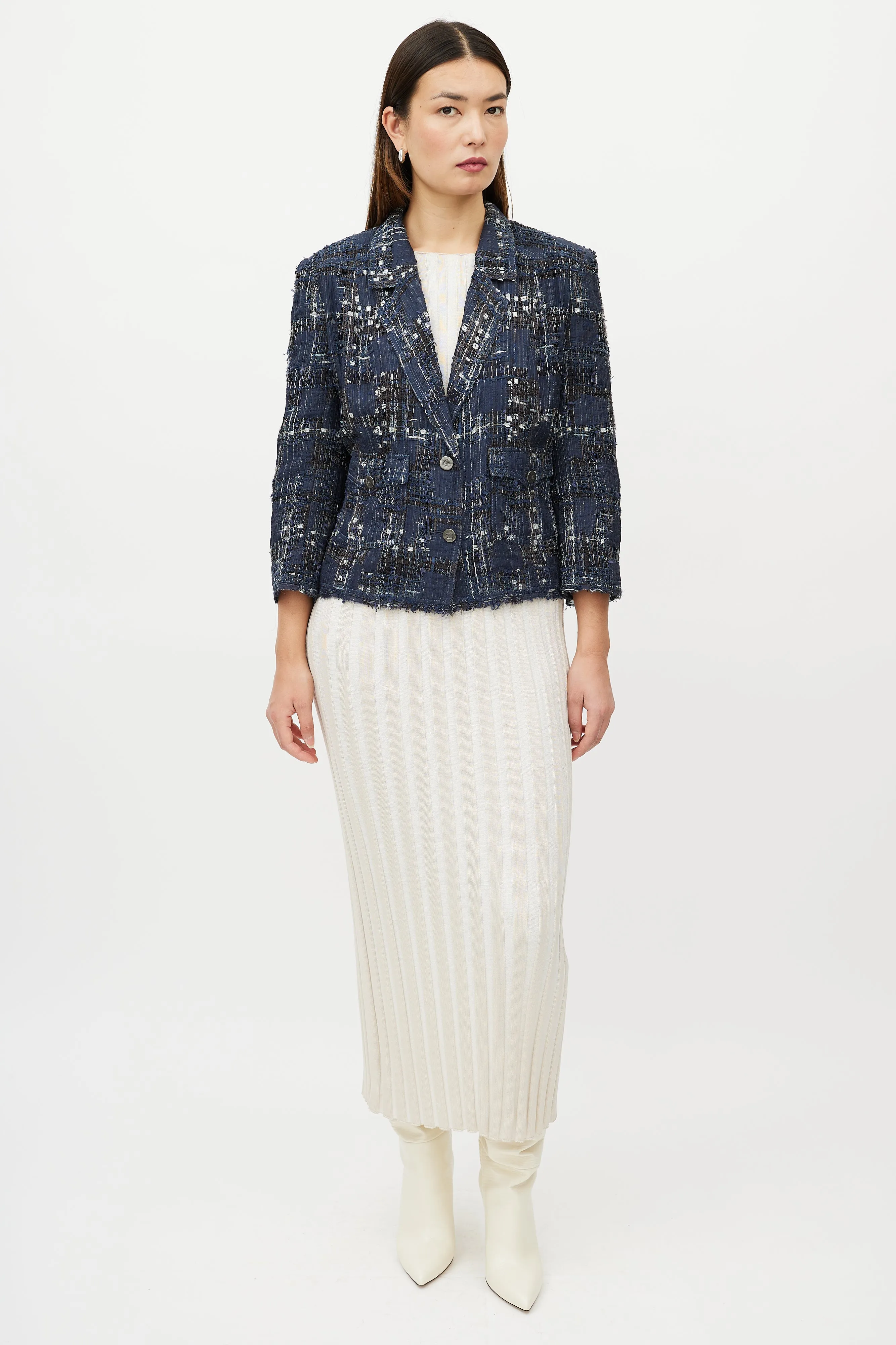 Blue & White Textured Silk Blend Blazer