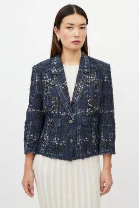 Blue & White Textured Silk Blend Blazer