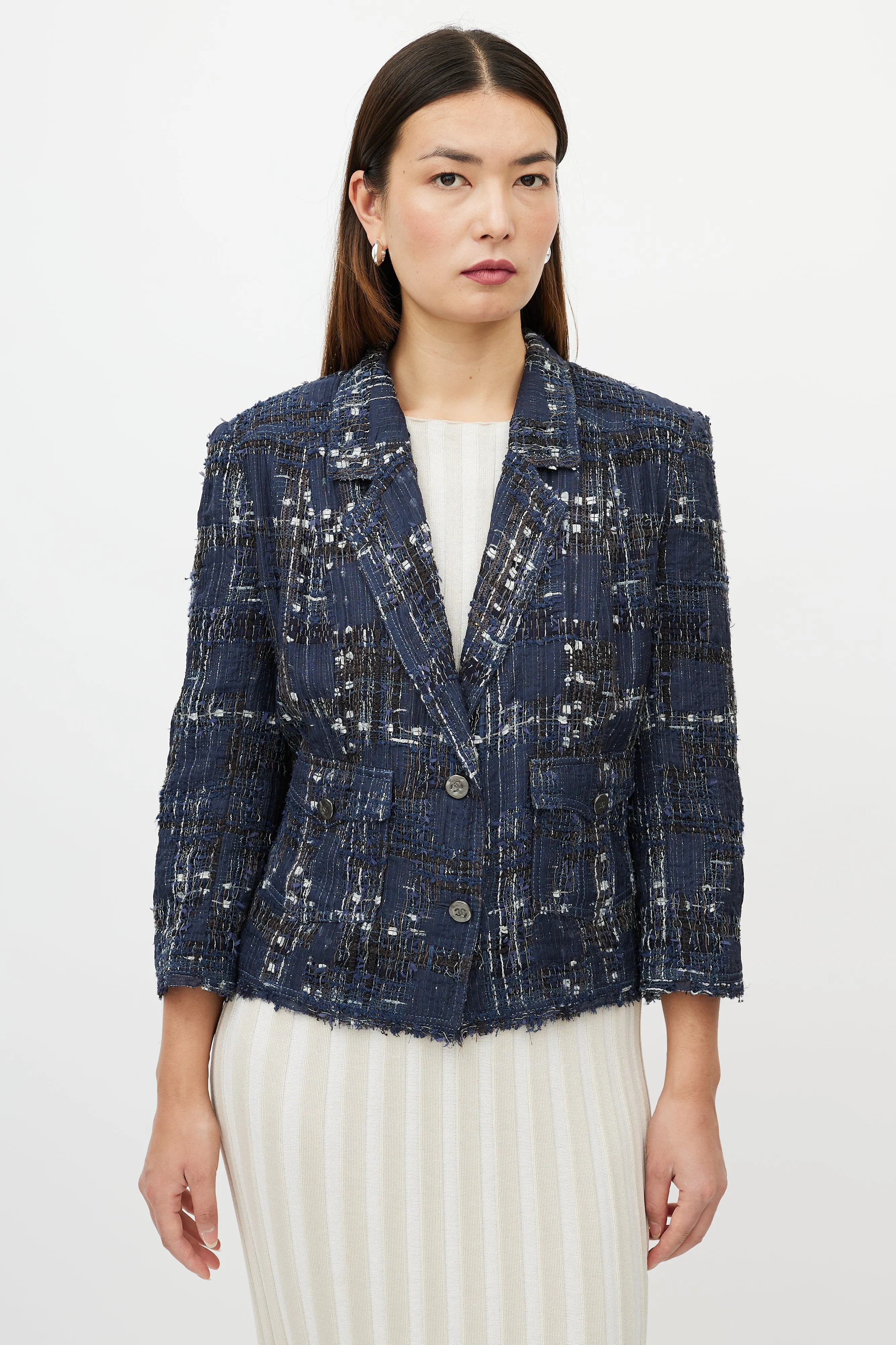 Blue & White Textured Silk Blend Blazer