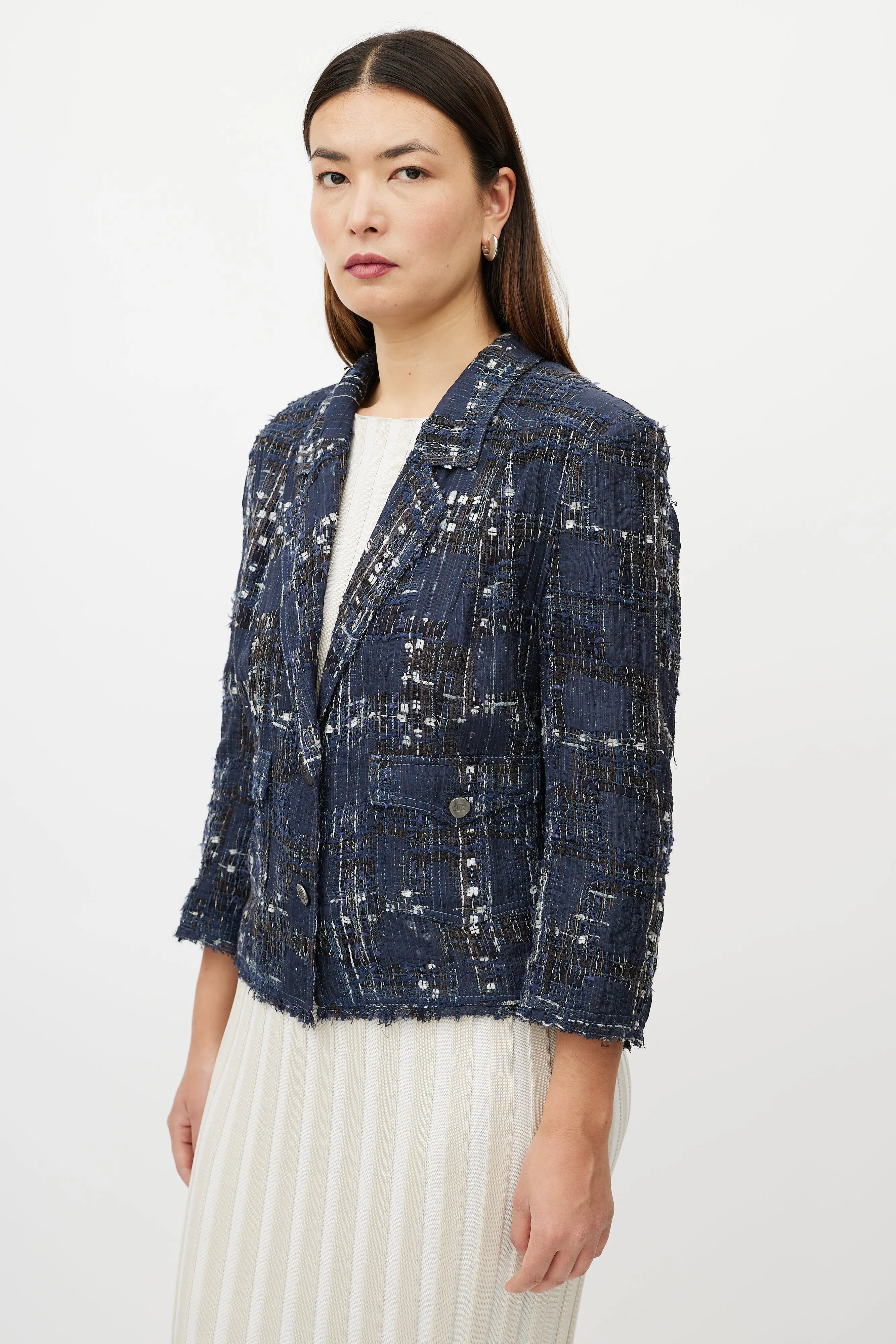 Blue & White Textured Silk Blend Blazer