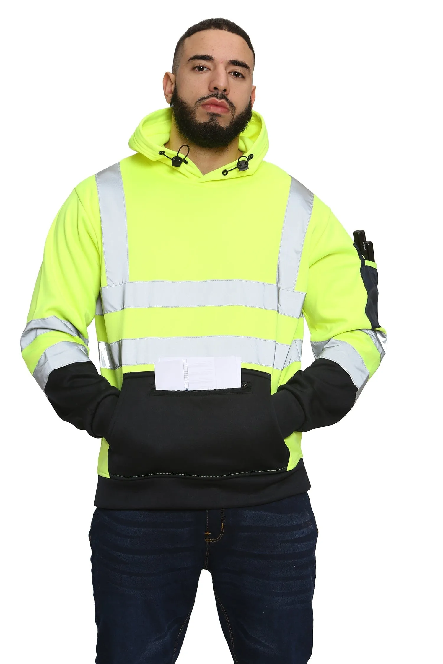 High Vis 3 Zip Pockets Pullover Hoodies - Yellow/Navy