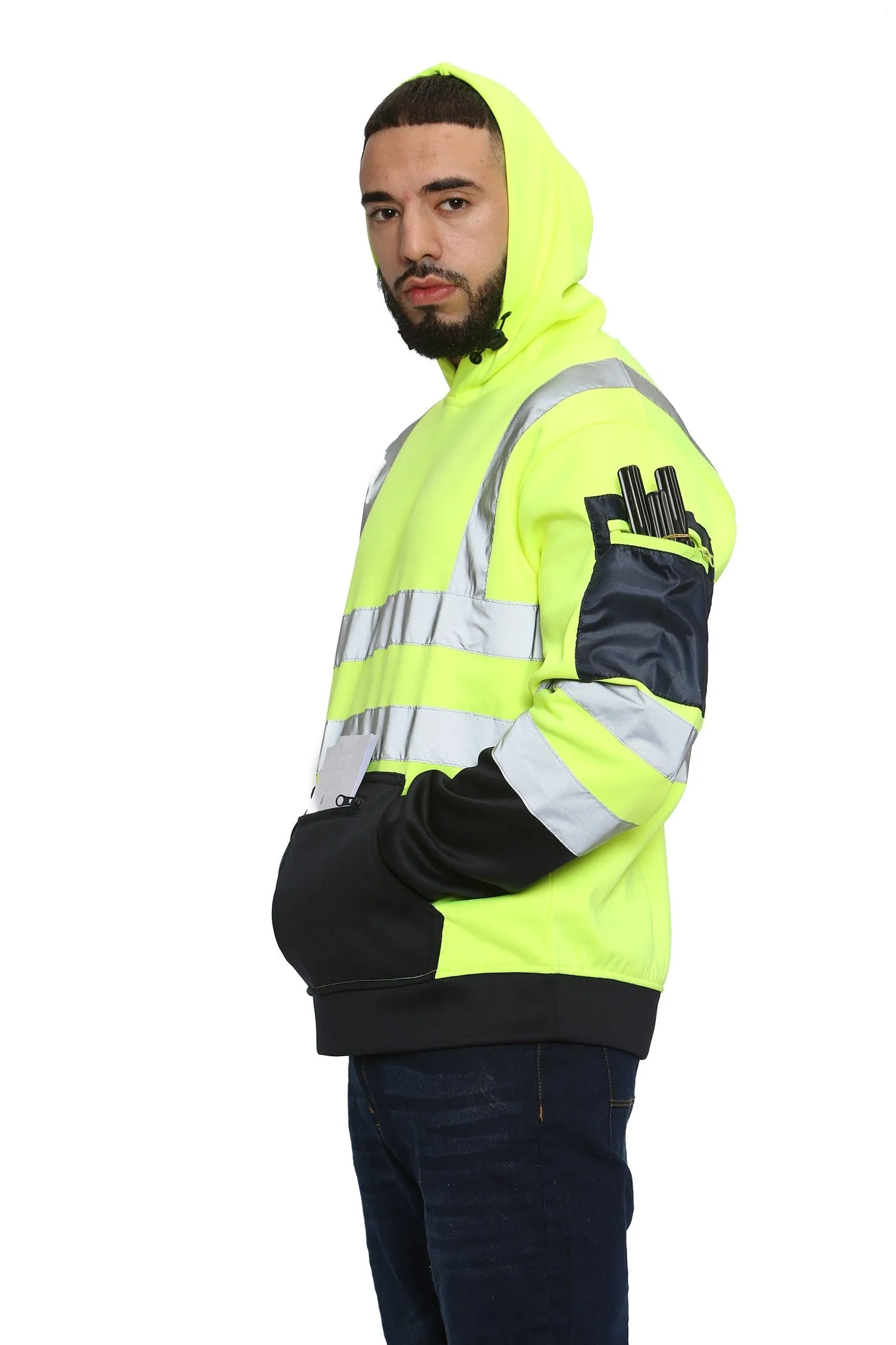 High Vis 3 Zip Pockets Pullover Hoodies - Yellow/Navy