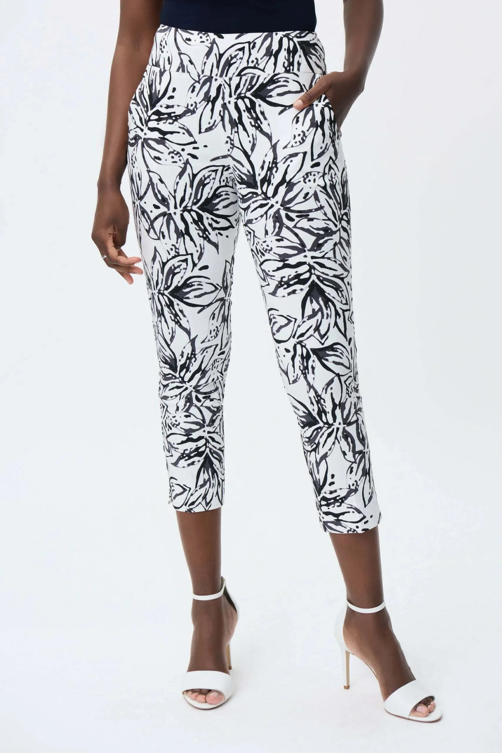 Joseph Ribkoff 231030 Vanilla/Black Floral Print Pull On Capri Pants