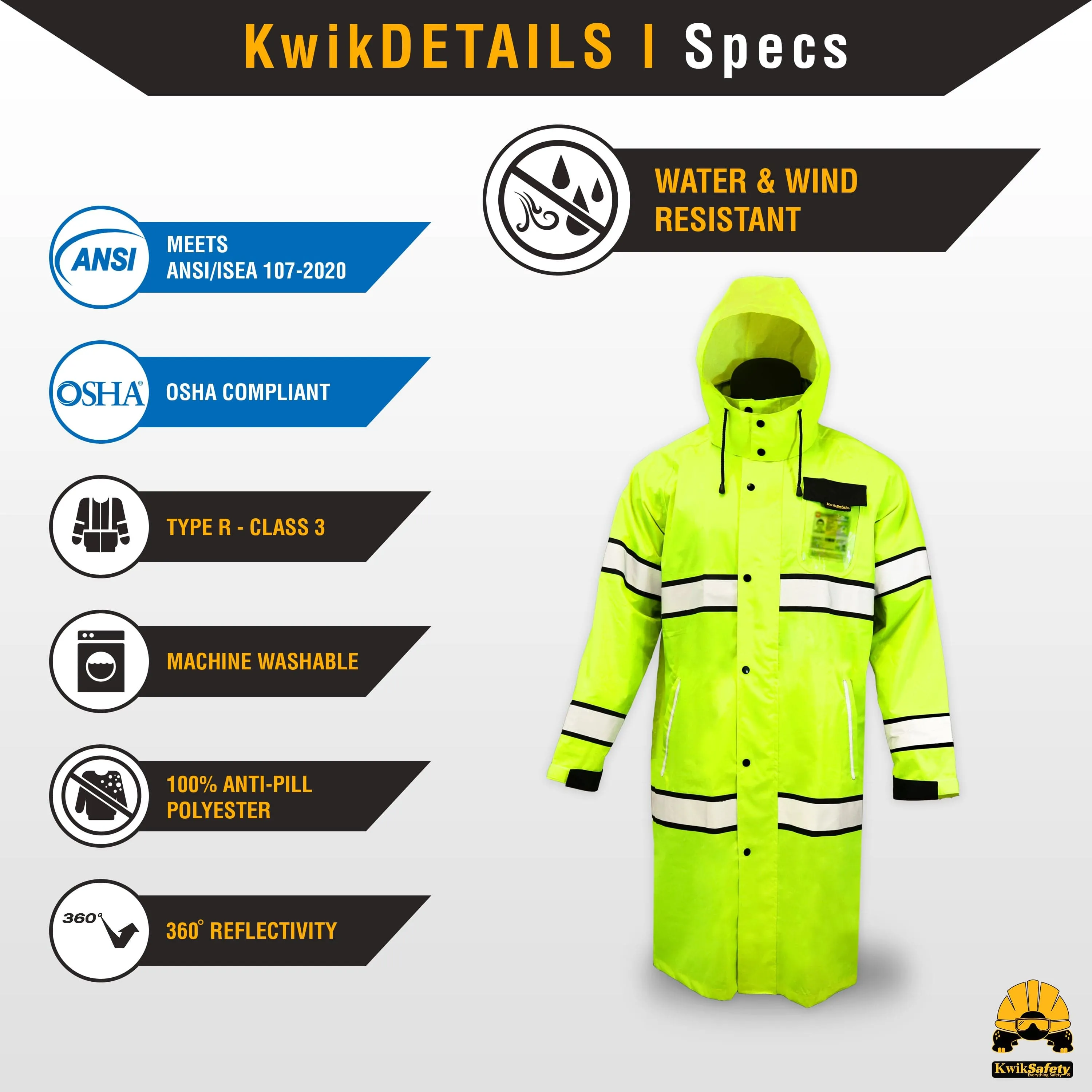 KwikSafety TORRENT High Visibility Rain Gear (FOLDABLE HOOD) Class 3, Type R ANSI Tested OSHA Compliant Hi Vis Trench Coat Reflective PPE - Model No.: KS5506
