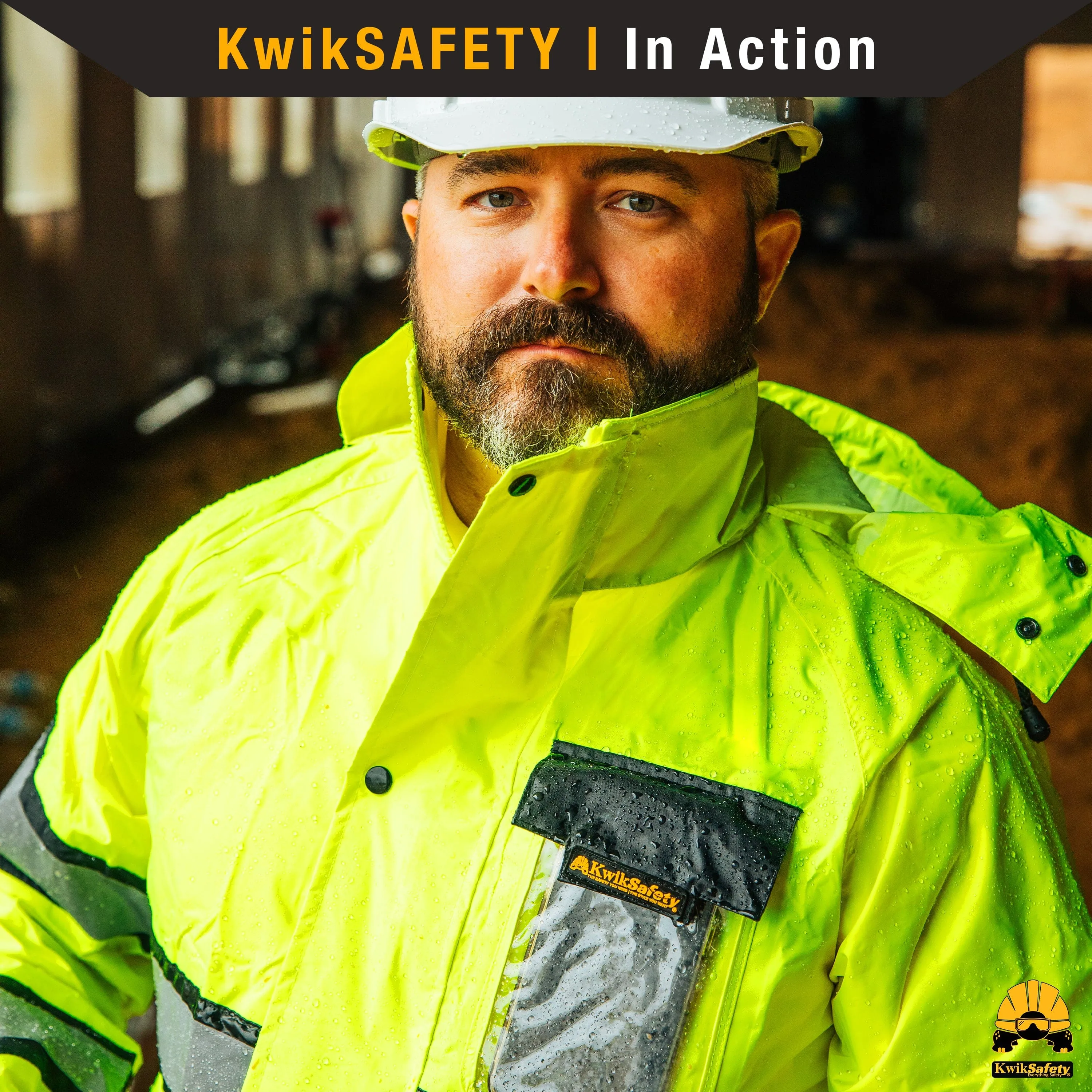 KwikSafety TORRENT High Visibility Rain Gear (FOLDABLE HOOD) Class 3, Type R ANSI Tested OSHA Compliant Hi Vis Trench Coat Reflective PPE - Model No.: KS5506
