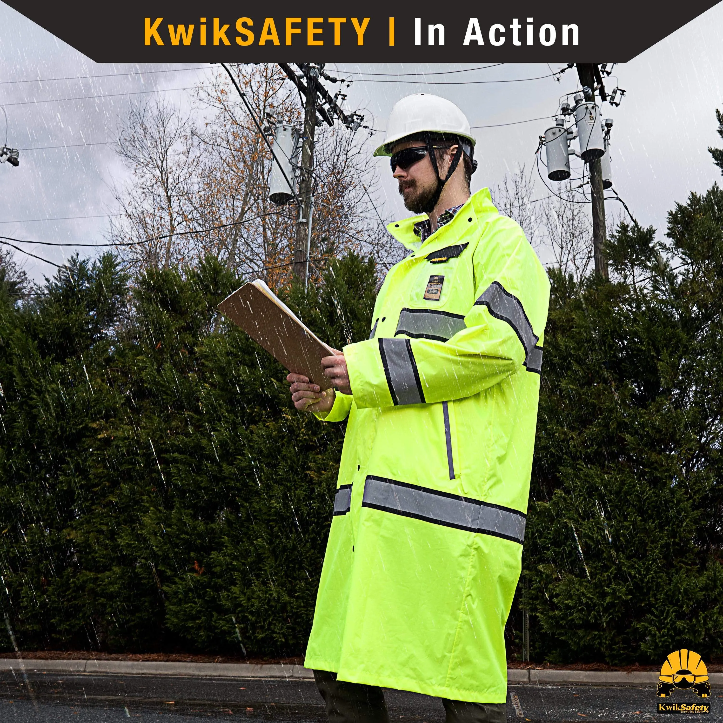 KwikSafety TORRENT High Visibility Rain Gear (FOLDABLE HOOD) Class 3, Type R ANSI Tested OSHA Compliant Hi Vis Trench Coat Reflective PPE - Model No.: KS5506