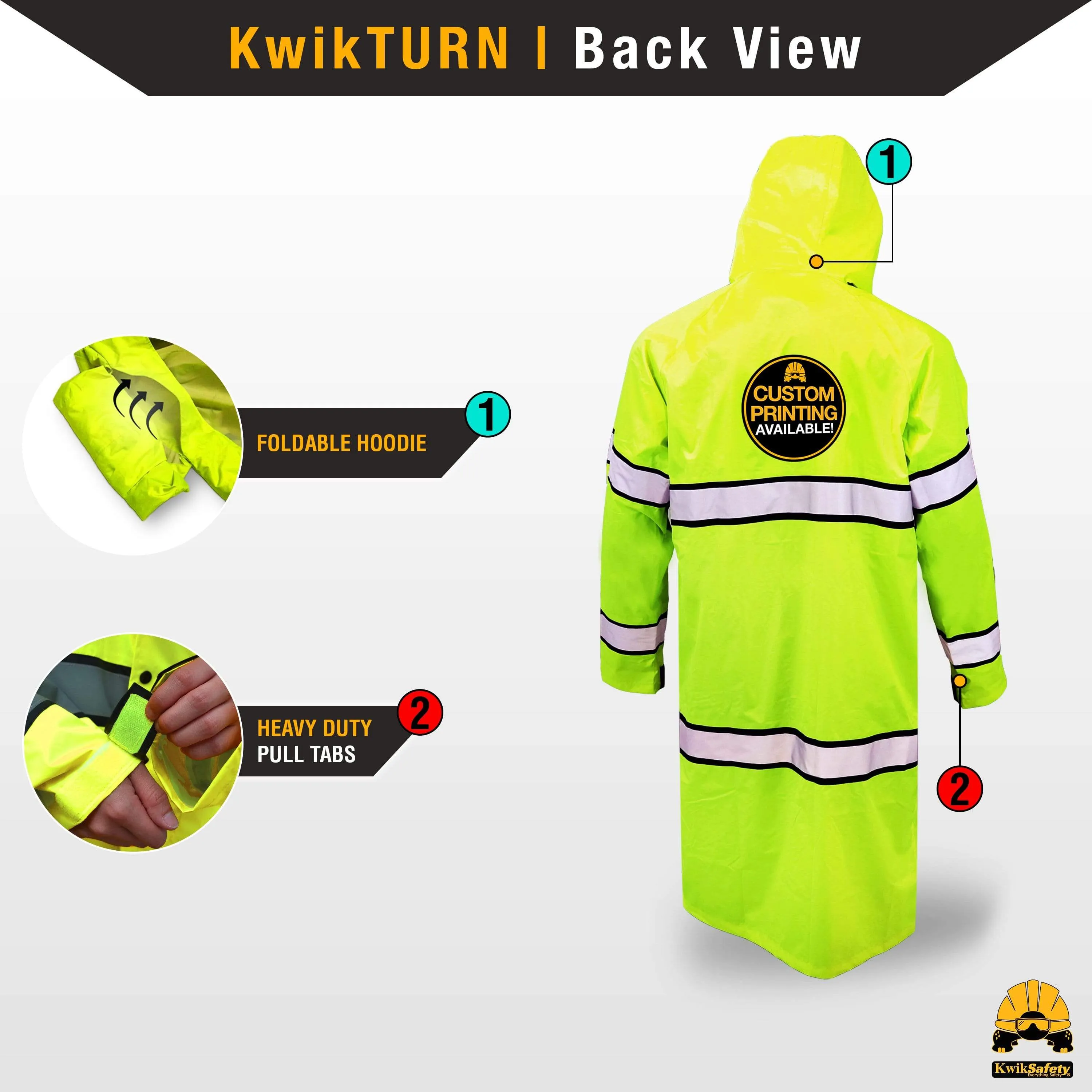 KwikSafety TORRENT High Visibility Rain Gear (FOLDABLE HOOD) Class 3, Type R ANSI Tested OSHA Compliant Hi Vis Trench Coat Reflective PPE - Model No.: KS5506