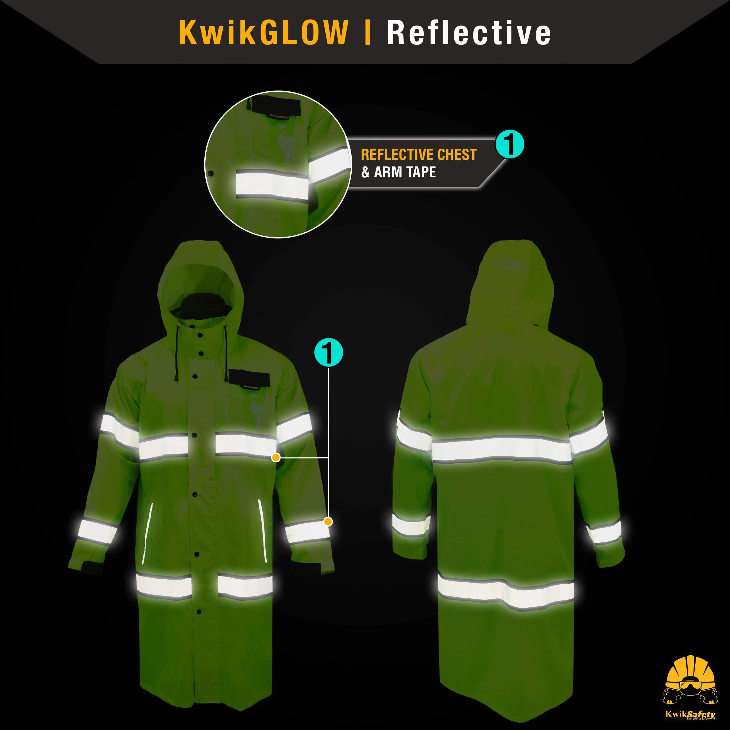 KwikSafety TORRENT High Visibility Rain Gear (FOLDABLE HOOD) Class 3, Type R ANSI Tested OSHA Compliant Hi Vis Trench Coat Reflective PPE - Model No.: KS5506