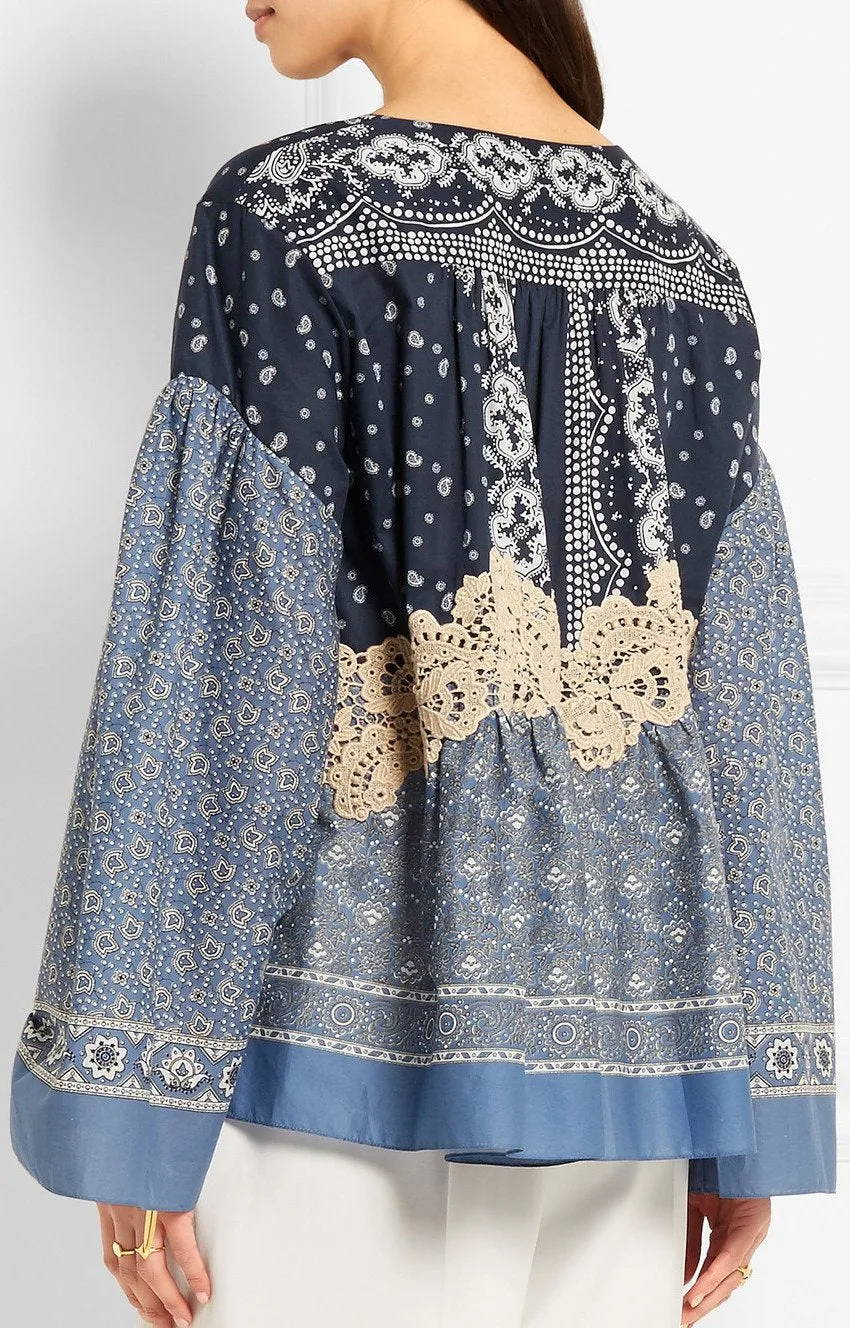 Lace-Appliqued Printed Cotton-Voile Blouse