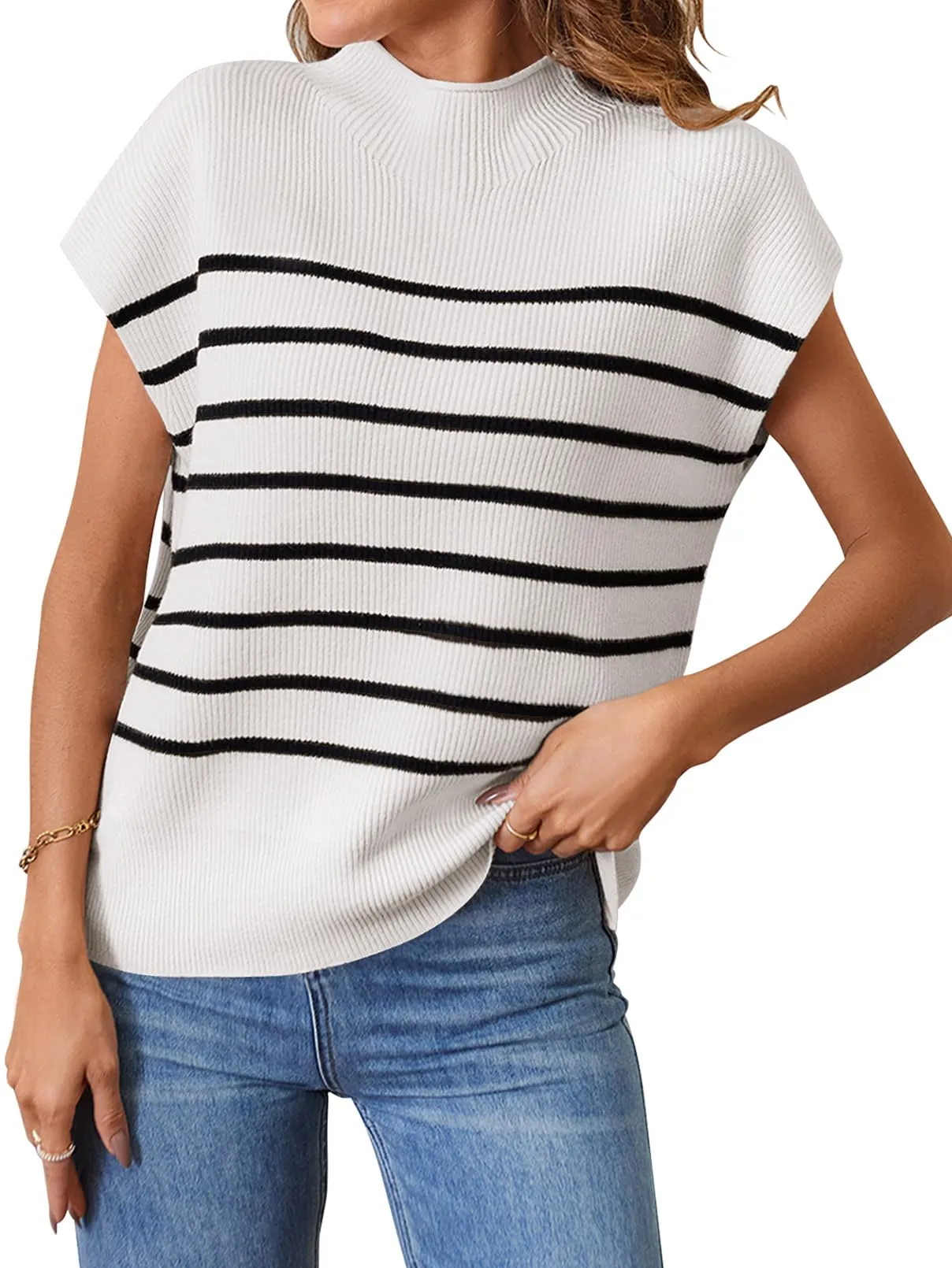 MEROKEETY Mock Neck Cap Sleeve Striped Ribbed Tank Top