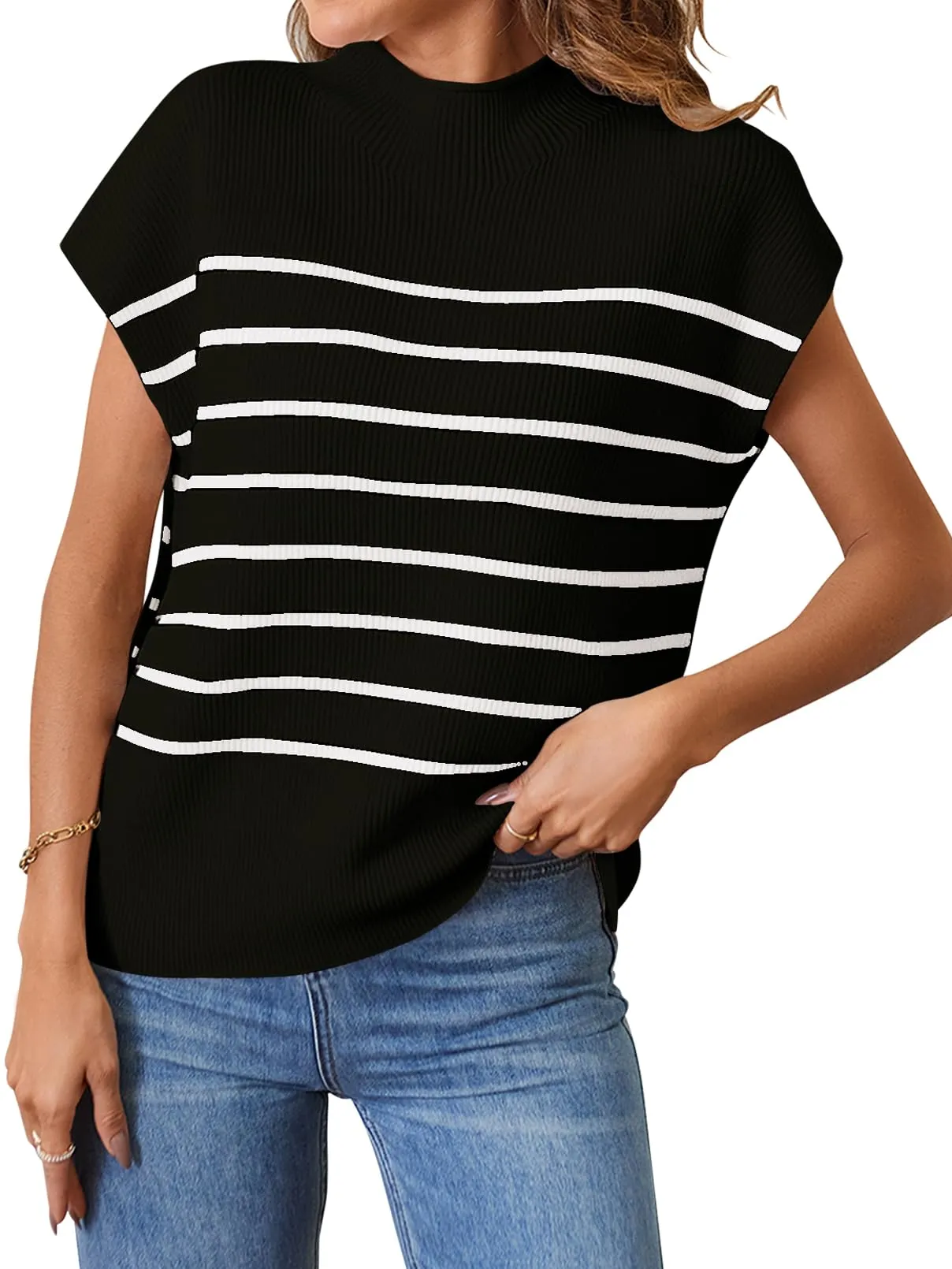 MEROKEETY Mock Neck Cap Sleeve Striped Ribbed Tank Top