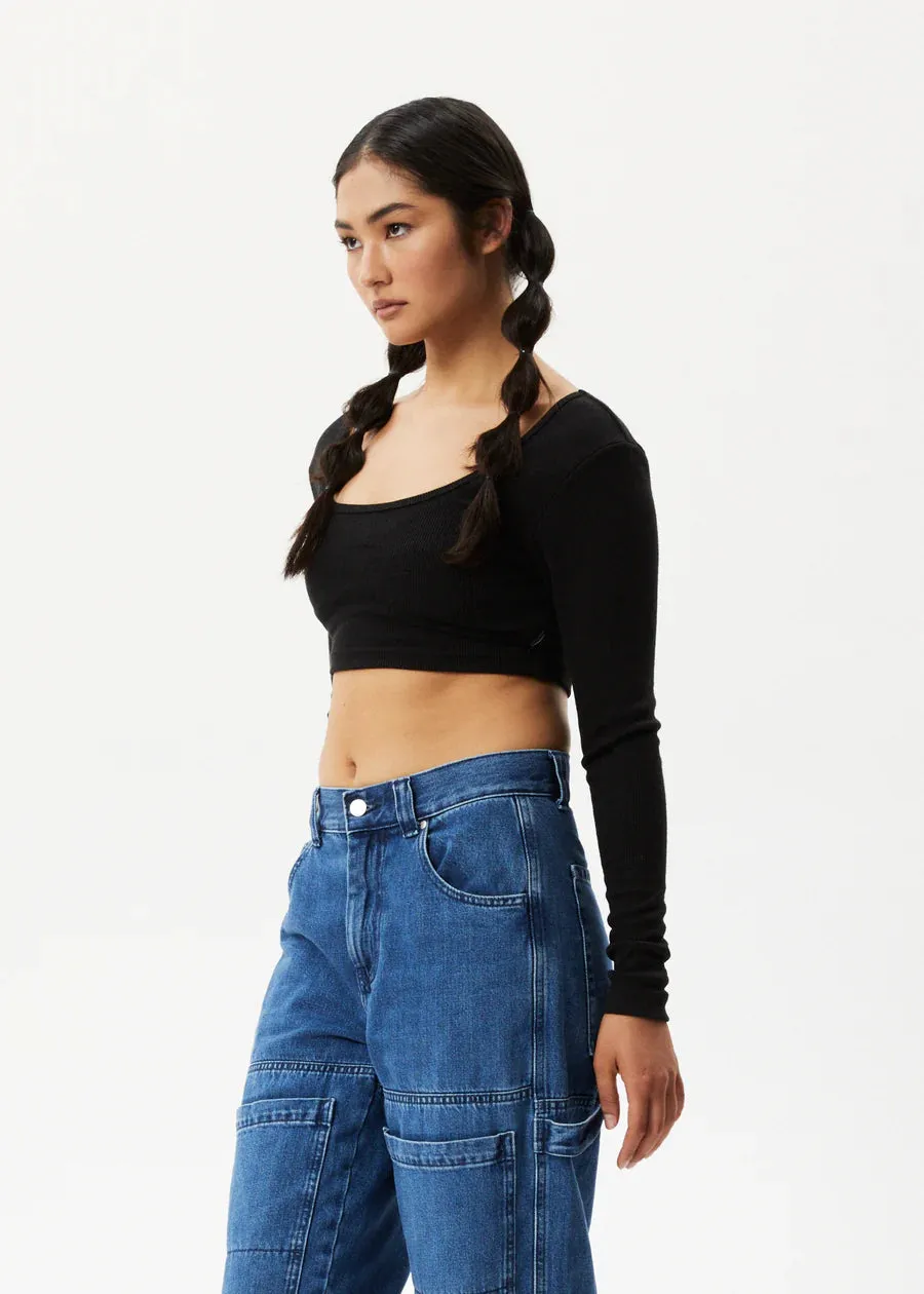 MILLA HEMP RIBBED LONG SLEEVE CROPPED TOP | BLACK