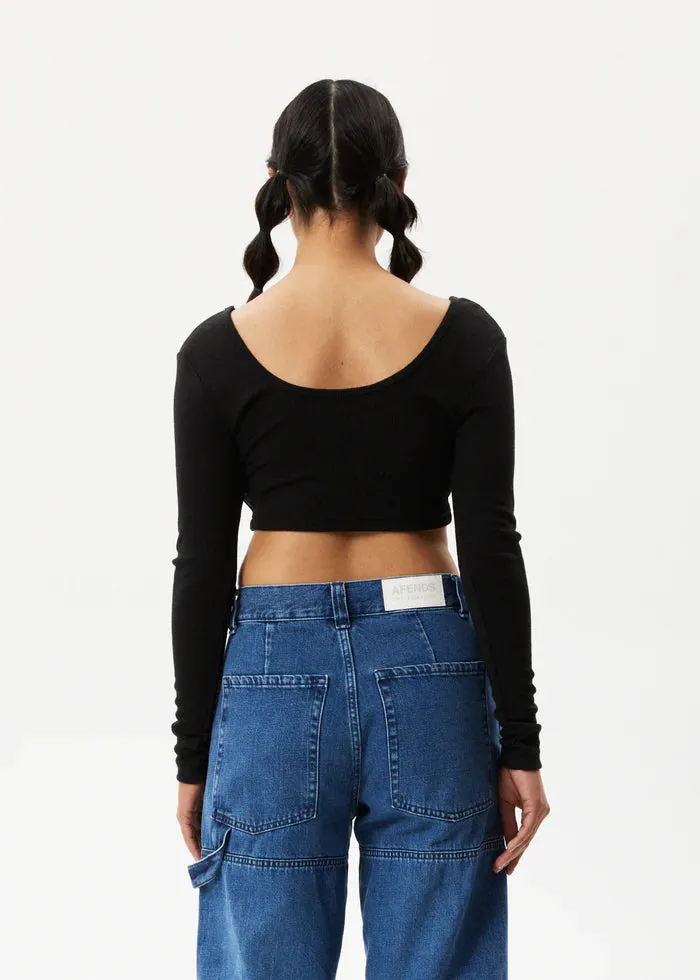 MILLA HEMP RIBBED LONG SLEEVE CROPPED TOP | BLACK