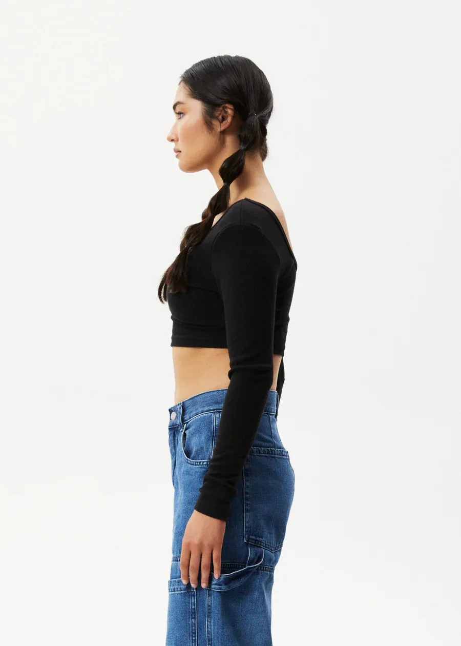 MILLA HEMP RIBBED LONG SLEEVE CROPPED TOP | BLACK