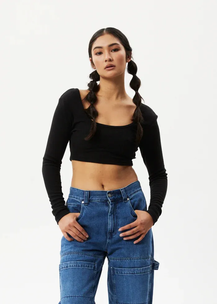 MILLA HEMP RIBBED LONG SLEEVE CROPPED TOP | BLACK