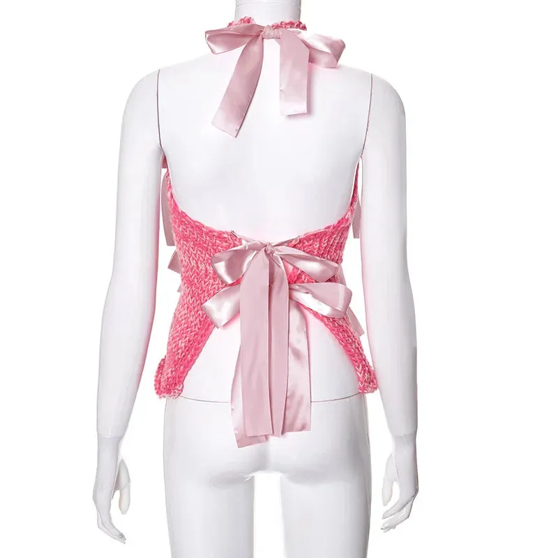 MQTIME  - Ribbon Bowknot Hollow Out Knitted Tanks Top Women Fashion Sexy Sleeveless Halter Backless Wool Fashion Casual Vests Streetwear