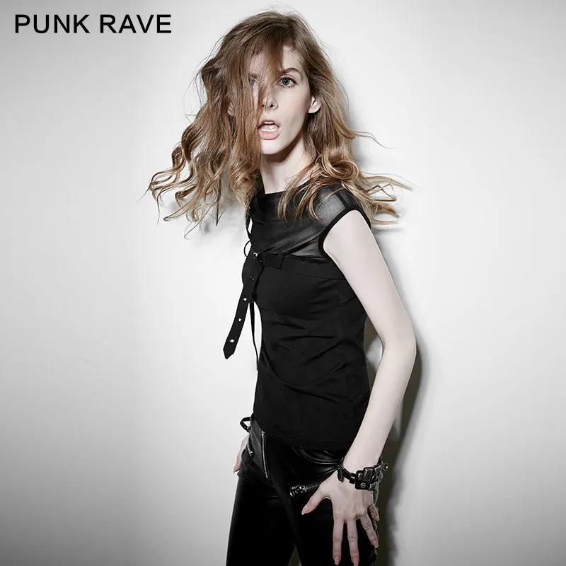 PT-070 Sexy Transparent Stretchy Mesh Skinny Gothic T-shirts With Sleeveless