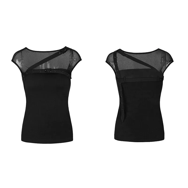 PT-070 Sexy Transparent Stretchy Mesh Skinny Gothic T-shirts With Sleeveless