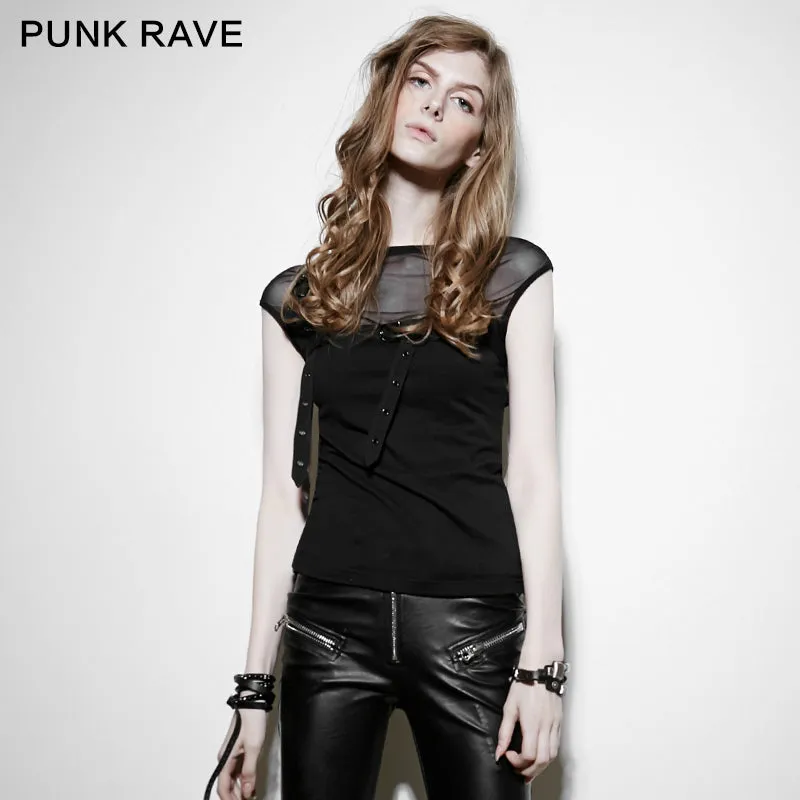 PT-070 Sexy Transparent Stretchy Mesh Skinny Gothic T-shirts With Sleeveless