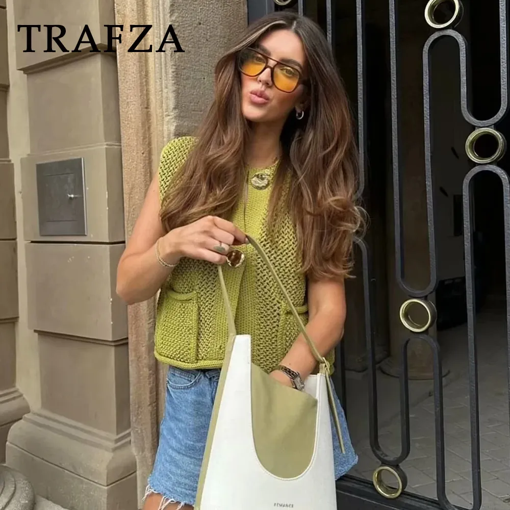 thanksgiving outfit Joskaa 2024 Autumn Winter Vintage Women Knitted Vests Fashion Casual Solid Single Breasted Pockets Sleeveless Ladies Vests
