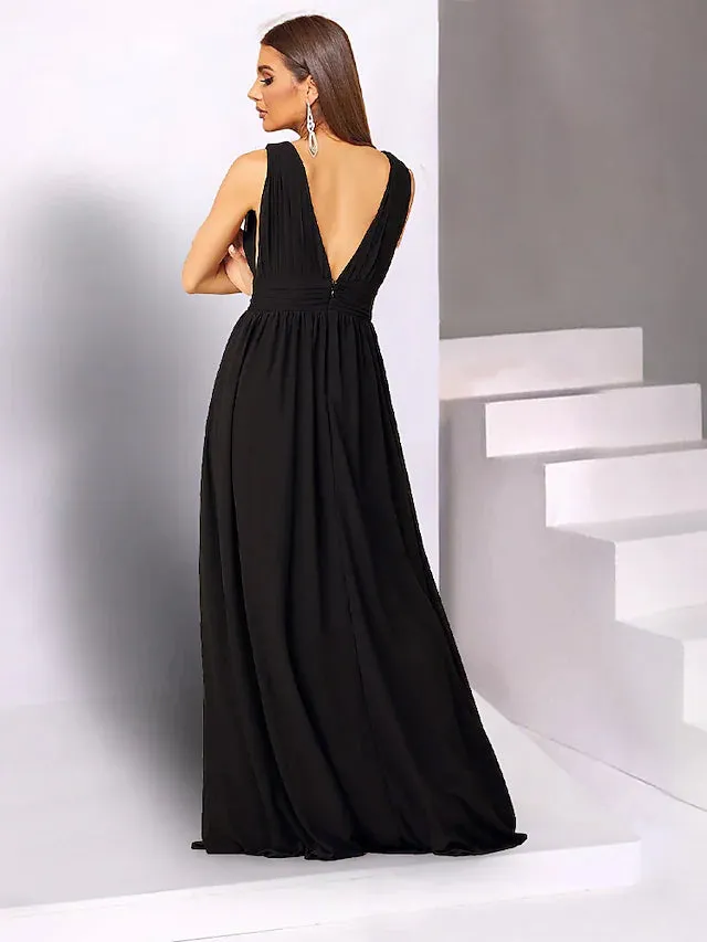 Wedding Guest Dresses Black Dress Wedding Party Floor Length Sleeveless V Neck Chiffon with Slit