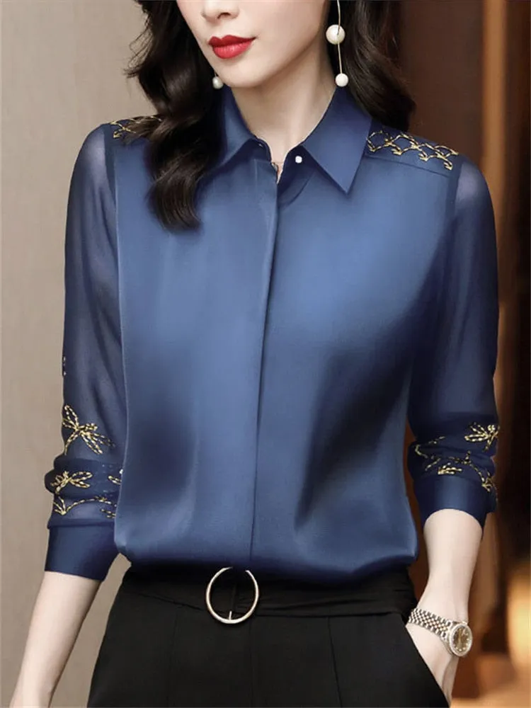 Women Spring Autumn Style Chiffon Blouses Shirts Lady Embroidery Long Sleeve