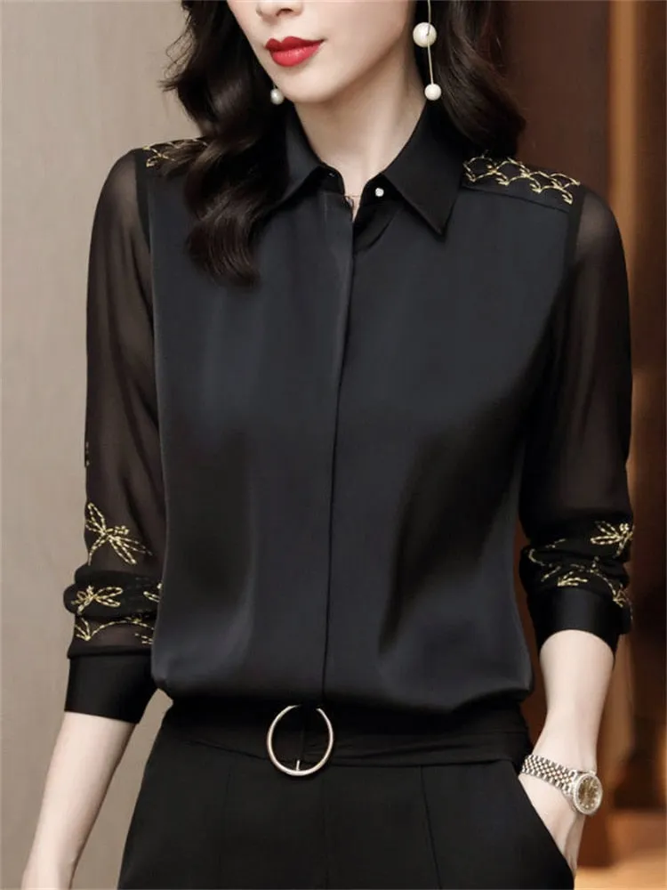 Women Spring Autumn Style Chiffon Blouses Shirts Lady Embroidery Long Sleeve