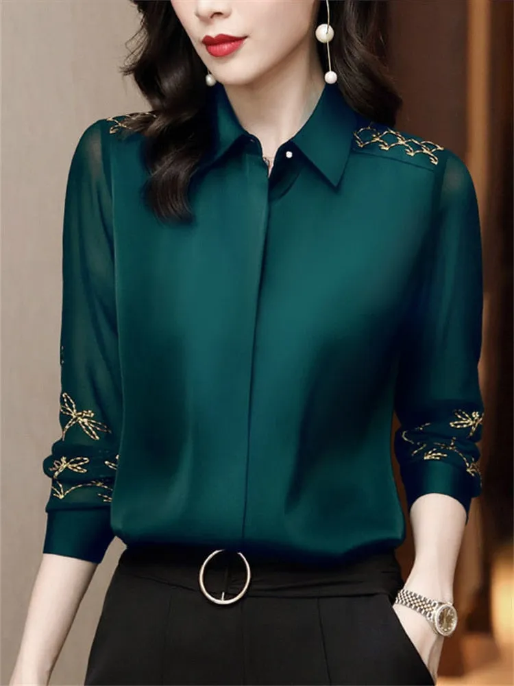 Women Spring Autumn Style Chiffon Blouses Shirts Lady Embroidery Long Sleeve