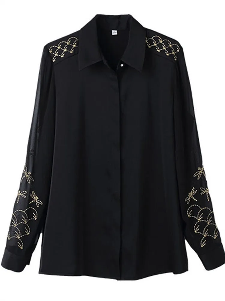 Women Spring Autumn Style Chiffon Blouses Shirts Lady Embroidery Long Sleeve